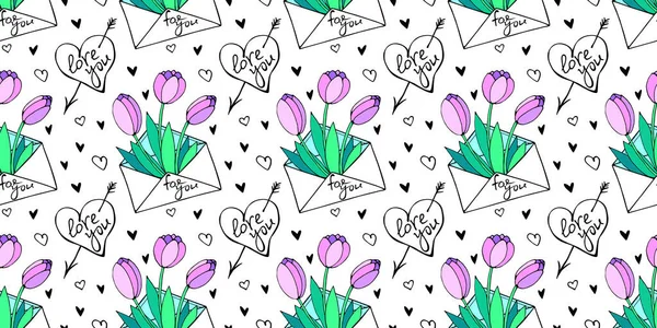 Vektorový Bezproblémový Vzor Písmenem Květinovými Tulipány Srdcem Nápisem Lásky Ručně — Stockový vektor