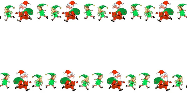 Векторный Фон Рамка Граница Санта Клаусом Милыми Рождественскими Эльфами Горизонтальная — стоковый вектор