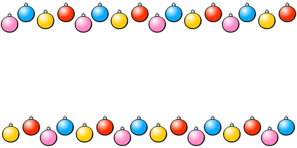 Vector background, frame, border of Christmas tree balls. Horizontal top and bottom edging, decoration on theme New Year and xmas.