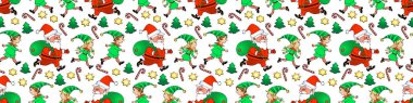 Noel Baba ve Noel Elfleri 'nde kusursuz bir düzen var. Yeni yıl Xmas geçmişleri ve dokuları. Tebrik kartları, ambalaj kağıtları, ambalajlar, tekstil, kumaş, baskılar için.