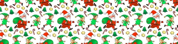 Patrón Sin Costuras Vectorial Con Santa Claus Sus Elfos Navidad — Archivo Imágenes Vectoriales