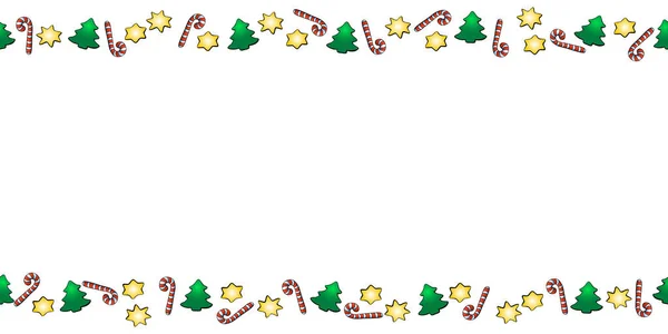 Vektör arkaplan, çerçeve, şeker kamışları, yıldızlar, Noel ağaçları. Yatay üst ve alt kenar, tema Yeni Yıl ve xmas dekorasyonu.