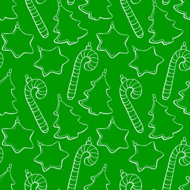 Taslak oyuncaklar, baston şekerler, yıldızlar, dekorasyonlar, xmas ağacı, karalama tarzında vektörsüz desen. Mutlu Noeller ve mutlu yıllar için şenlikli arka planlar ve dokular