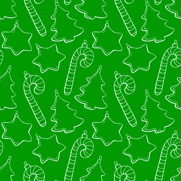 アウトラインおもちゃ キャンディー杖 装飾品 クリスマスツリーとベクトルシームレスパターン ドアスタイルで メリークリスマスと幸せな新年のためのお祭りの背景とテクスチャ — ストックベクタ