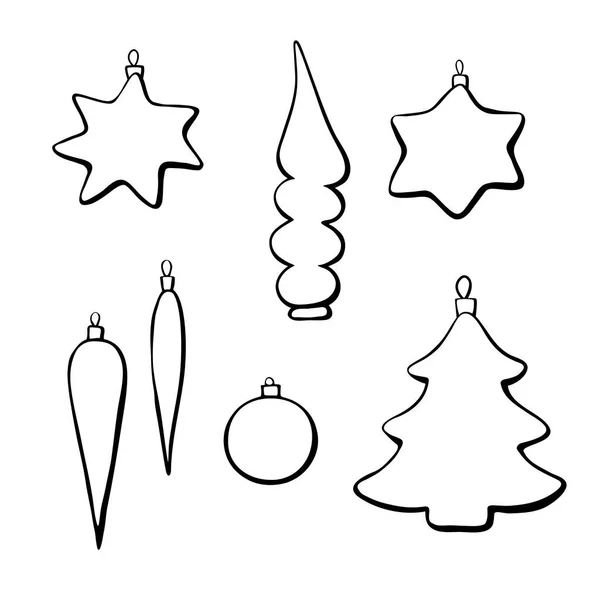Set Vector Contoured Glass Toys Decorations Xmas Tree Doodle Style — Stock Vector