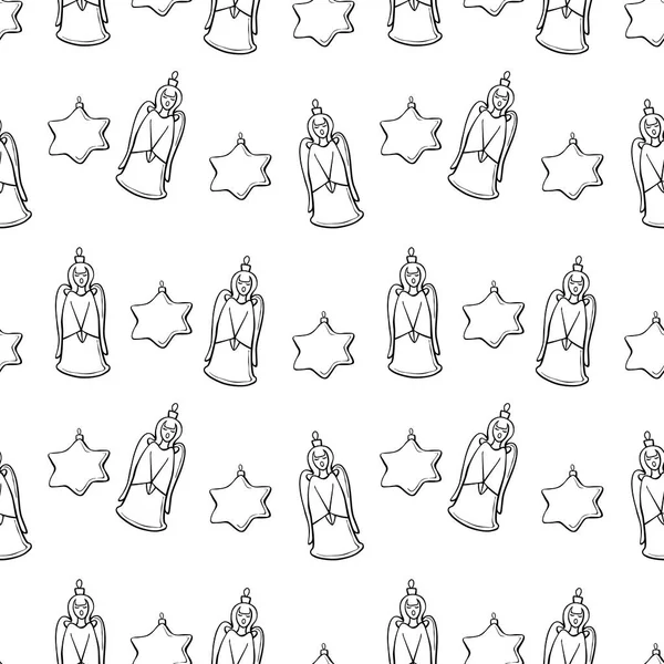 Vector Seamless Pattern Outline Singing Angels Stars Christmas Backgrounds Textures — Stockvektor
