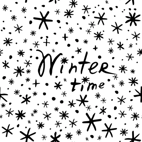 stock vector Vector seamless pattern from snowflakes in doodle style with lettering - Winter time. Season, christmas, new year background and texture. Snowfall, falling snow, blizzard