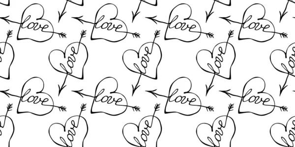 矢量无缝的心形与箭头和文字的爱 手绘纹理 包装纸背景 情人节 爱情宣言 — 图库矢量图片
