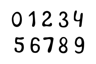 Vektör eli sıfırdan dokuza düz çizgi şeklinde siyah sayılar çizdi. Matematik sembolleri, işaretler.