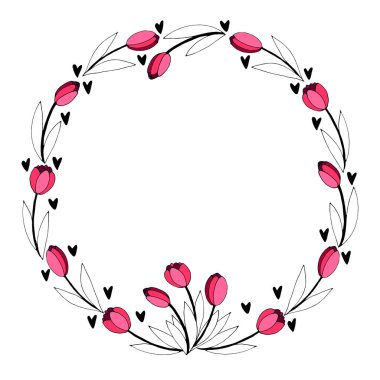 Yuvarlak bir çerçeve, kırmızı lalelerden ve kalplerden çelenkler. Bahar çiçekleri. Elle çizilmiş karalama izole edilmiş. Geçmiş, sınır, tebrik kartı, davetiye, sevgililer günü, kadınlar ya da anneler günü için dekorasyon