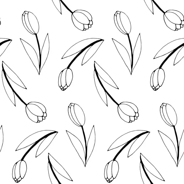 Modèle Vectoriel Sans Couture Avec Des Fleurs Tulipe Contour Dessiné — Image vectorielle