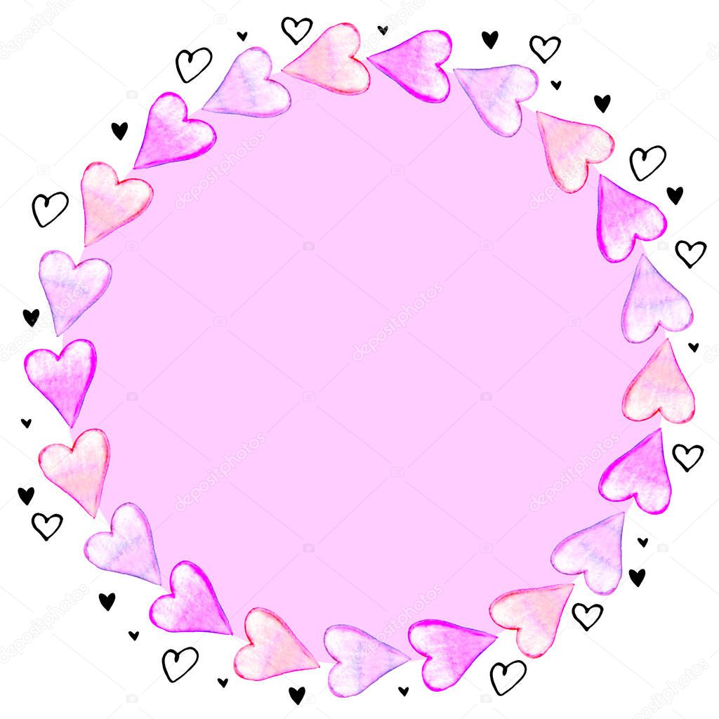 Hand drawn round frame, border from watercolor hearts. Romance symbol of love, background, decoration for invitation, Valentine's day, greeting card, wedding.