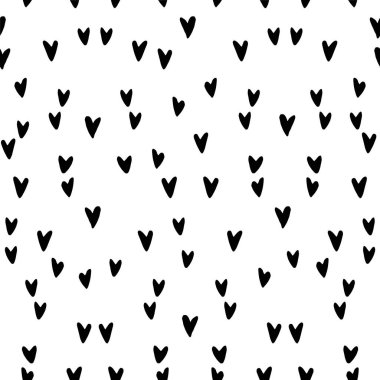 Küçük kara kalplerin kusursuz soyut desenleri. El çizimi karalama arka plan, tekstil dokusu, ambalaj kağıdı, sevgililer günü..