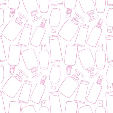 Vector seamless pattern of different outline bottles, tubes, flacons, cosmetic products in doodle style. Texture on theme beauty industry, skin care, hygiene products, toiletries