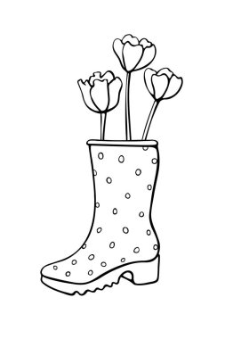 Lastik yağmur çizmeleriyle bahar lale çiçekleri. Sevimli mevsimlik bahar çiçekleri. Vazo olarak ayakkabı. El çizimi tasarım ögesi, karalama tarzında klipsleme sanatı, izole edilmiş..