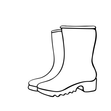 Yağmurlu hava ve bahçıvanlık için lastik çizmeler. El çizimi kıyafetler, karalama tarzında klipsleme sanatı, izole edilmiş..