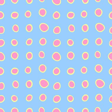 Noktalı soyut vektör kusursuz desen. Rastgele halkalar, noktalar, daireler, noktalar, lekeler, kabarcıklar, sıra sıra taşlar. Kumaş için tasarlanmış, komik, şirin bir iz. Tekrarlanan grafik arkaplan ve doku.