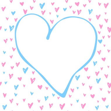 Vektör çerçevesi, mavi pembe kalplerin sınırı. Aşkın basit aşk sembolü, karalama, geçmiş, davetiye için dekorasyon, Sevgililer Günü, tebrik kartı, düğün