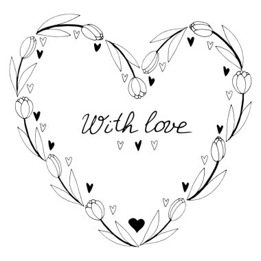 Lalelerden kalp şeklinde bir taşıyıcı çerçeve. Aşk mektuplarıyla. Elle çizilmiş karalama izole edilmiş. Arkaplan, sınır, bayram dekorasyonu başlığı, sevgililer günü kartı.
