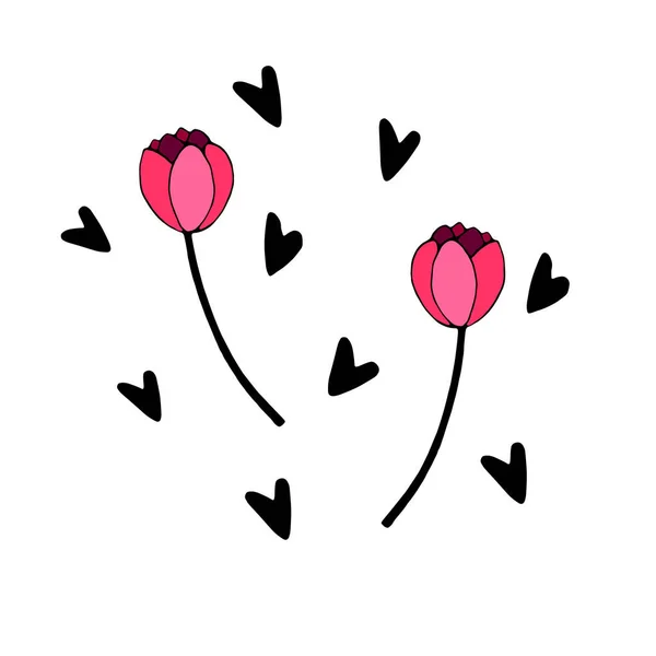 Червоні Квіти Тюльпанів Стеблі Листя Сердечками Ручні Елементи Дизайну Кліп — стоковий вектор