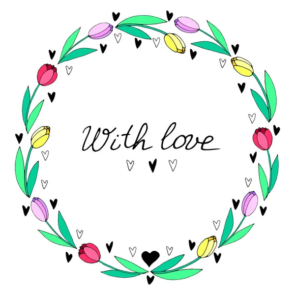 Love Lettering Vector Frame Wreath Pink Tulips Hearts Hand Drawn — Stock Vector