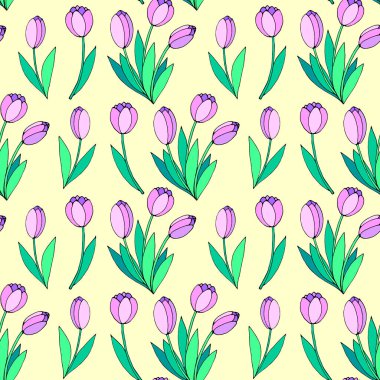 Pembe lale çiçekleriyle kusursuz bir desen. El çizimi yay dokusu, arka plan. Paket kağıdı, tekstil, tebrik kartı, düğün, doğum günü, annelerin ya da kadınların ya da sevgililer günü için..