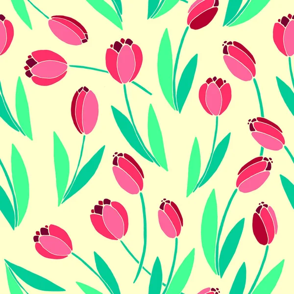 Vector Bright Seamless Pattern Scattered Red Tulip Flowers Spring Holiday — Stock Vector