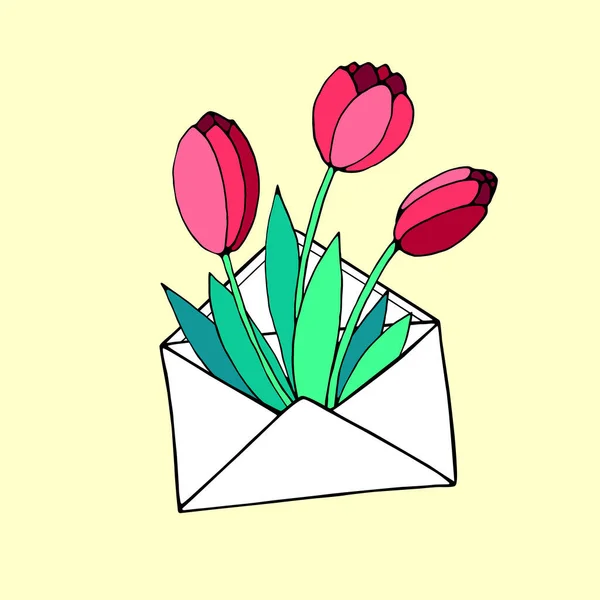 Sobre Con Carta Flores Corazones Linda Mano Dibujado Vector Clipart — Archivo Imágenes Vectoriales
