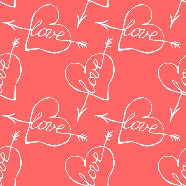 有箭头和红色背景的爱的矢量无缝的心脏图案 手绘纹理用于包装纸 情人节 爱情宣言 — 图库矢量图片