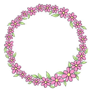 Vektör el çizilmiş daire çerçeve, sınır, karalama tarzında küçük çiçeklerden çelenk. Hoş, basit, ilkel bir geçmiş, davetiye dekorasyonu, tebrik kartı, düğün..