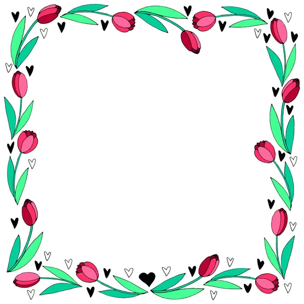 Marco Cuadrado Vectorial Corona Tulipanes Rojos Corazones Flores Primavera Fondo — Vector de stock