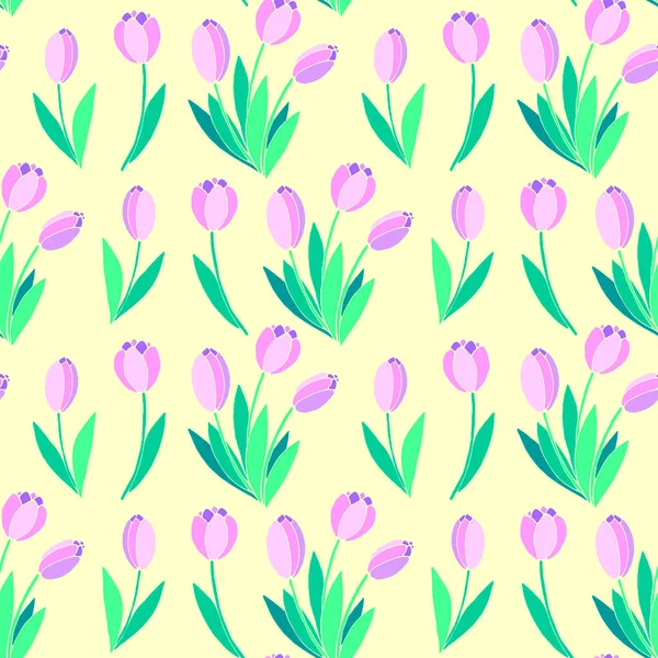Vector Seamless Pattern Pink Tulip Flowers Hand Drawn Spring Texture — Stock Vector