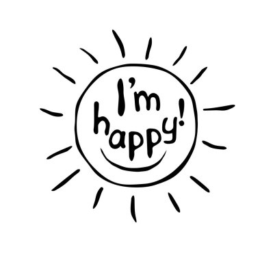 Mutlu harflerle yazılmış bir güneş ikonu. Mutluluğun sembolü. Vektör el çizimi taslak çizimi, klip sanatı beyaz arkaplanda izole edilmiş.