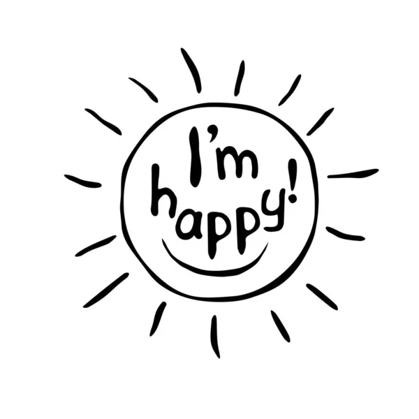 Mutlu Harflerle Yazılmış Bir Güneş Ikonu Mutluluğun Sembolü Vektör Çizimi — Stok Vektör
