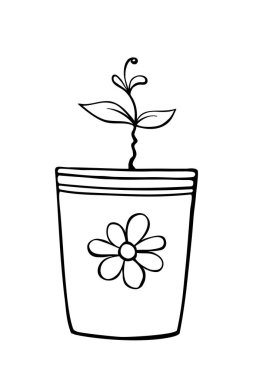 Çiçek saksısı, bitki filizi ve fidanlı vektör çizgisi. Tasarım ögesi, süsleme sanatı, boyama sayfası, doğanın sembolü, ekoloji, bahçecilik.