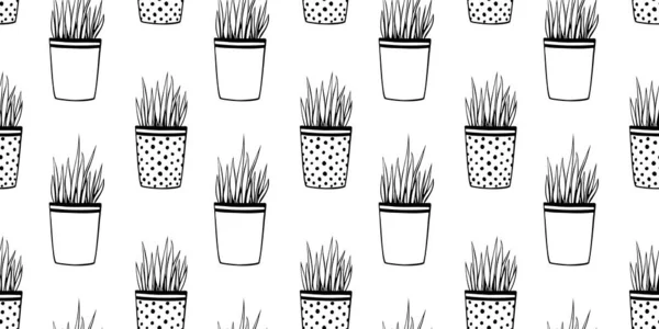 Vektor Nahtlose Muster Von Blumentöpfen Mit Dekorativem Gras Pflanze Nette — Stockvektor