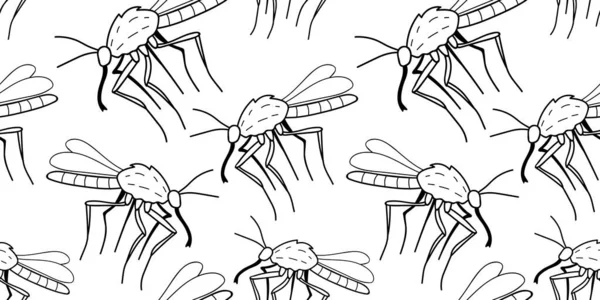 Vektor Nahtlose Muster Von Schwarzen Umrissmücken Motten Mücken Doodle Skizzenstil — Stockvektor