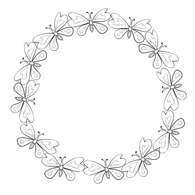 Vector yuvarlak çerçeve, şekillendirilmiş sevimli kelebeklerin sınırı Doodle tarzında. Basit bir geçmiş, bahar, yaz, tatil kartpostalları için dekorasyon
