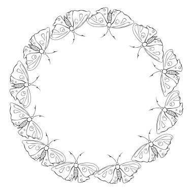 Vector yuvarlak çerçeve, şekillendirilmiş sevimli kelebeklerin sınırı Doodle tarzında. Basit bir geçmiş, bahar, yaz, tatil kartpostalları için dekorasyon