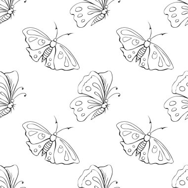 Siyah hatları olmayan vektör çizgili sevimli kelebekler Doodle tarzında. Sevimli çizgi film, güzel böcekler. Doğa, ilkbahar, yaz temalı arkaplan ve doku, çocuk baskısı, izole edilmiş