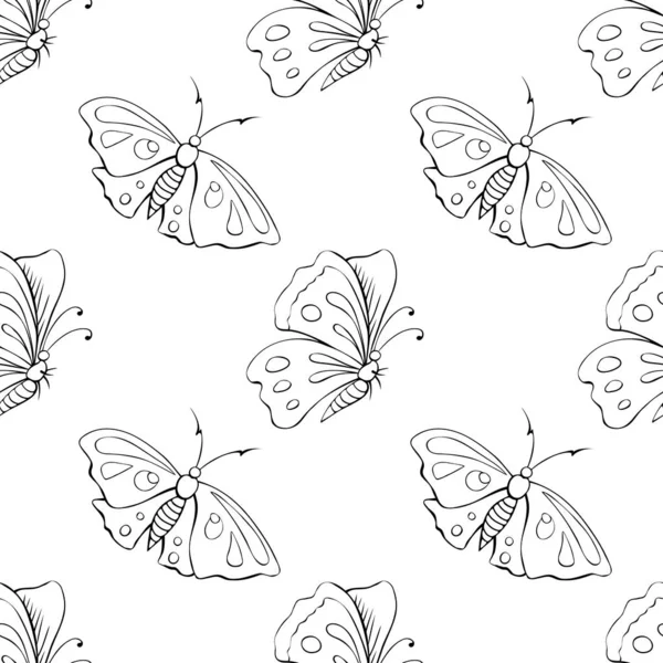 黒の輪郭のベクトルシームレスなパターンは 落書きスタイルでかわいい蝶 かわいい漫画の美しい昆虫 自然をテーマにした背景と質感 子供のプリント — ストックベクタ