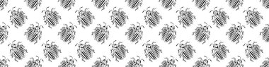 Kara hatlı kolorado böceklerinin Doodle tarzında kusursuz bir deseni var. Sırtında çizgili böcekler, üst manzara. Böceklerle, parazitlerle, böceklerle basit bir doku.