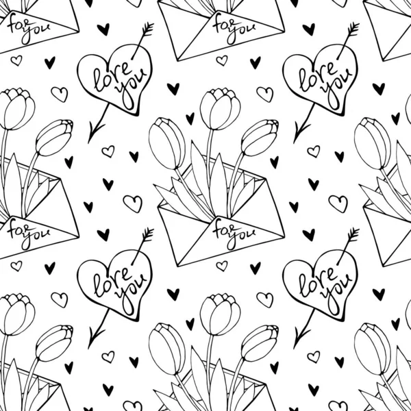 Vector Seamless Pattern Outline Letter Flowers Tulips Hearts Lettering Love — Stock vektor