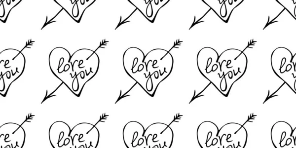 矢量无缝的心形与箭头和字母爱你 手绘纹理 包装纸背景 情人节 爱情宣言 — 图库矢量图片