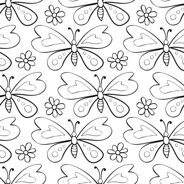 Modèle Vectoriel Sans Couture Contour Noir Papillons Mignons Fleurs Dans — Image vectorielle