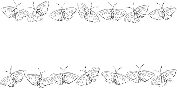 ベクトル手描きの境界線 ドードルスタイルのアウトラインかわいい蝶のフレーム 水平上端と下端 休日のためのシームレスなパターン 自然デザイン 子供のテーマ — ストックベクタ