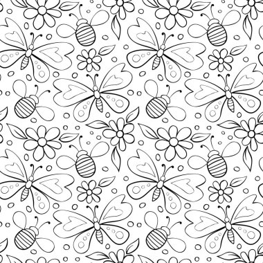Siyah çizgili kelebeklerden, bal arılarından ve çiçeklerden oluşan kusursuz bir desen. Doodle tarzı. Glade, orman kenarı. Doğa, bahar, yaz, çocuk baskısı teması üzerine şirin bir arkaplan ve doku.