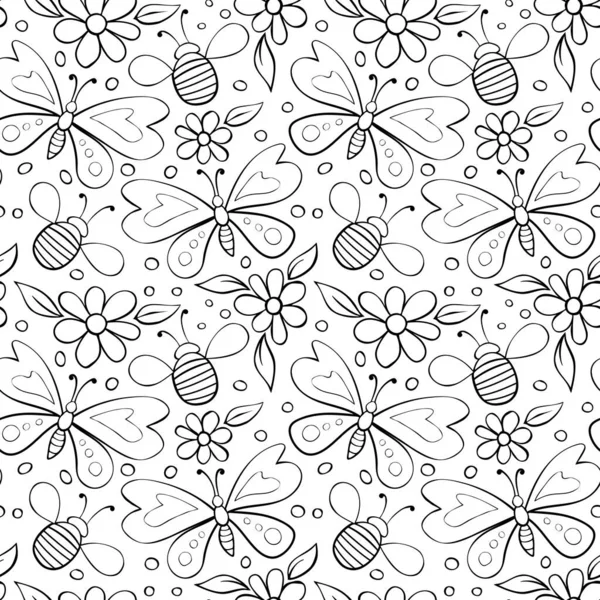 Vector Seamless Pattern Black Outline Butterflies Honey Bees Flowers Doodle — Stock Vector