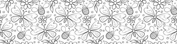 Modèle Vectoriel Sans Couture Papillons Contour Noir Abeilles Mellifères Fleurs — Image vectorielle