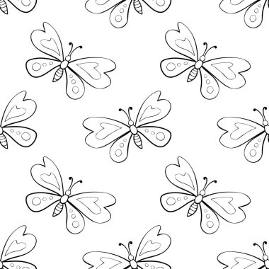 Siyah hatları olmayan vektör çizgili sevimli kelebekler Doodle tarzında. Sevimli çizgi film, güzel böcekler. Doğa, ilkbahar, yaz temalı arkaplan ve doku, çocuk baskısı, izole edilmiş